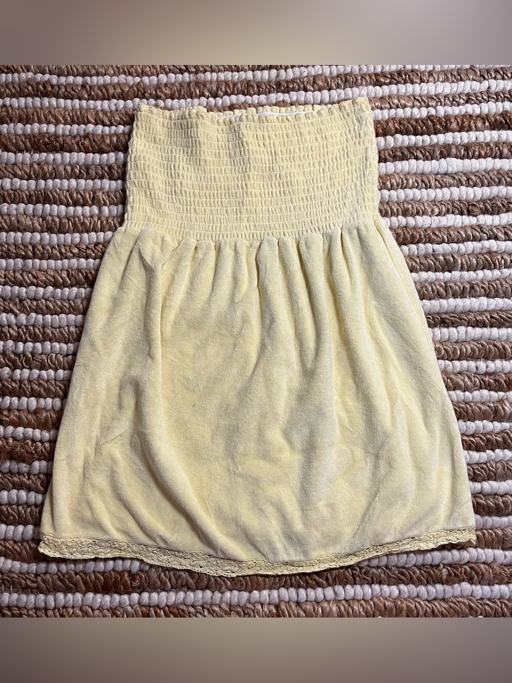 Y2K style Butter Yellow Strapless Smocked babydoll shirt dress